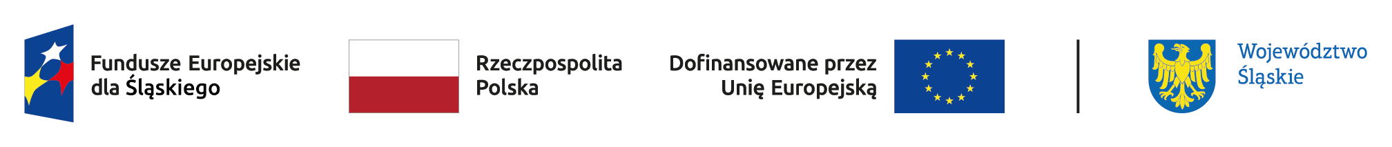 Na zdjęciu przedstawione są cztery symbole: Logo Fundusze Europejskie dla Śląskiego, Flaga Polski - na fladze przedstawione są dwa równe, poziome pasy biały i czerwony, Flaga Unii Europejskiej - na fladze przedstawiony jest okrąg złożony z dwunastu złotych gwiazd na błękitnym tle. Herb Województwa Śląskiego - na tarczy przedstawiony jest złoty orzeł bez korony na niebieskim tle.